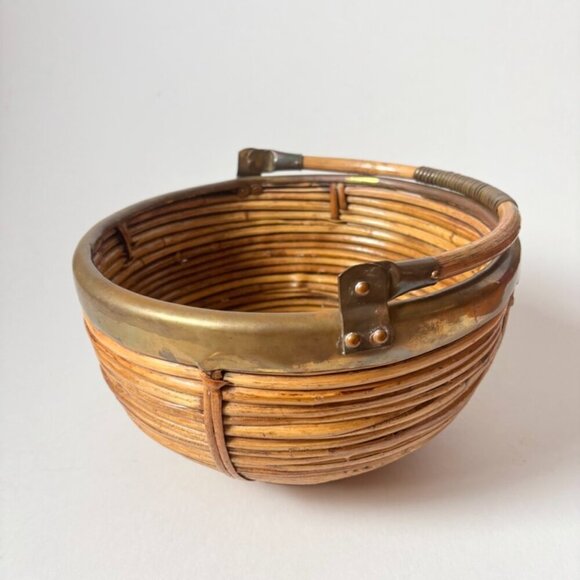 Large Vintage 1970's Italian Brass Rimmed Pencil Bamboo Basket With Handle - Picture 2 of 8
